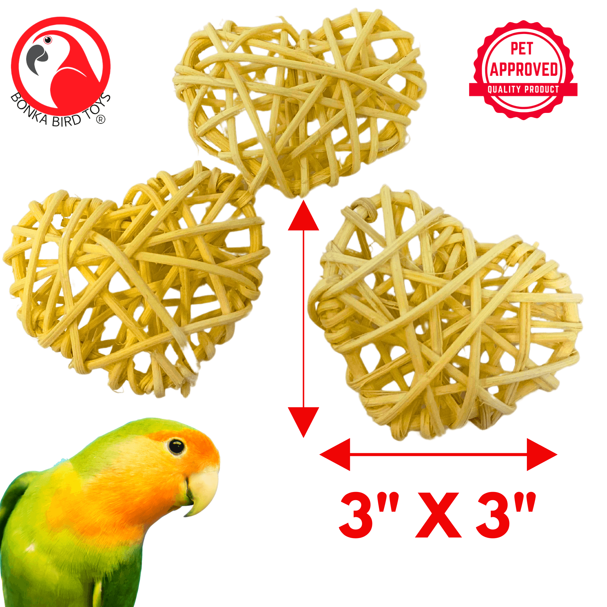 PK3 Colored or Natural Puff Vine Hearts - Bonka Bird Toys